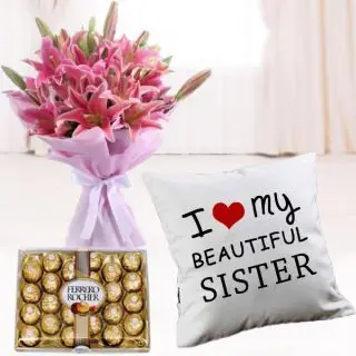 Bunch of 6 asiatic pink lilies, 24 pcs rocher ferrero chocolates with photo cushion 