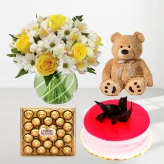 beautiful vase arrangement of roses and daisies , strawberry cool cake, 24 pcs rocher ferrero chocolates with 1 feet height teddybear
