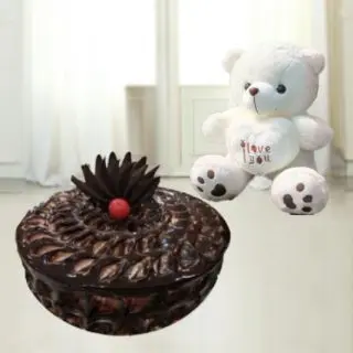 Double chocolate cake with 1 feet height white teddy bear
