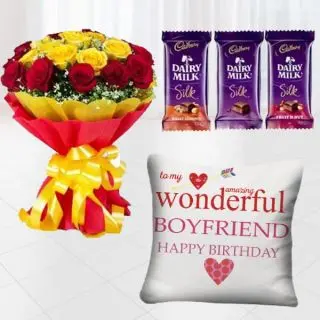 Bunch of 20 red and yellow roses , photo cushion with set of 3 dairy  milk silk chocolates 
