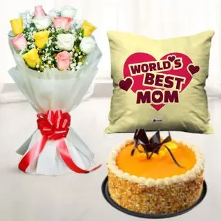 Bunch of 12 mix roses bouquet, half kg honey almond cake with photo cushion 
