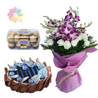 Exotic bunch of lavender orchids with white roses with blueberry fresh cream cake with 16 pcs rocher ferrero chocolates