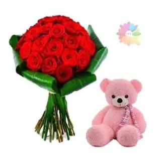 Bunch of 20 red roses with 1 feet height pink colour teddy bear