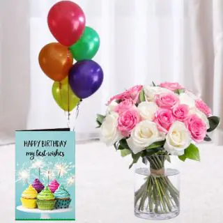 vase arrangement of 12 pink and white roses, 5 bunch  of mix color balloons with birthday cards 