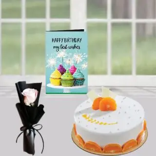 Half kg Orange cool cake, single white rose, birthday greeting card 