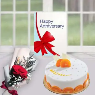 Half kg Orange cool cake, single red rose flower, anniversary greeting card