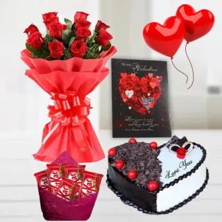 Bunch of 8 red roses , 1 kg heart shape black forest cake, 2 heart shape balloons , valentine day card, pack of 5 kitkat chocolates  
