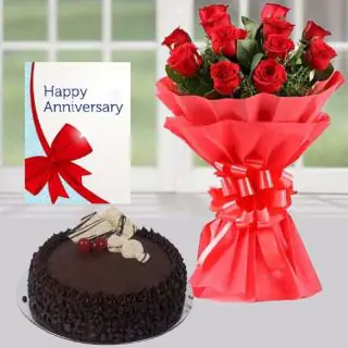 Bunch of 8 red roses, choco chips cake, anniversary greeting card 