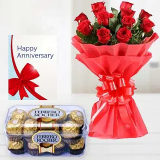 Bunch of 8 red roses, 16 pcs rocher ferrero chocolates, anniversary greeting card 