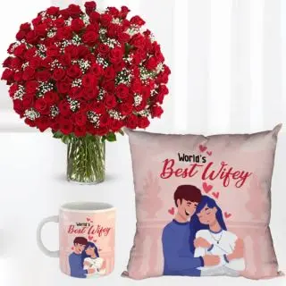 50 red roses in glass vase with set of photo cushion and photo mug 