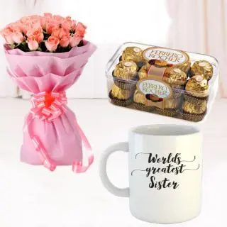 Bunch of 12 pink roses, 16 pcs rocher ferrero chocolates, with photo mug 