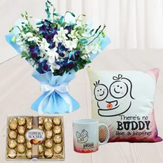 Bunch of Blue and white orchids, 24 pcs of Ferrero Rocher chocolates, photo mug  with photo cushion 