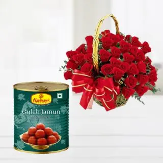 Basket of 40 red roses with 1 kg gulab jamun