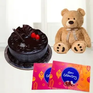  Double chocolate cake with 2 box of celebration chocolates with 1 feet height brown colour teddy bear