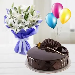 double chocolate cake with bunch of white lilies with 3 blown balloons