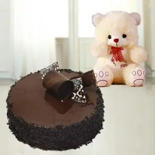 double chocolate fresh cream cake with 6 inch teddybear