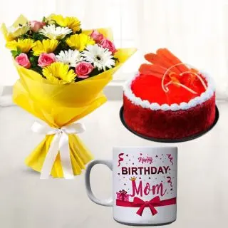 Bouquet of mix flowers, half kg red velvet premium quality cake  with photo mug  