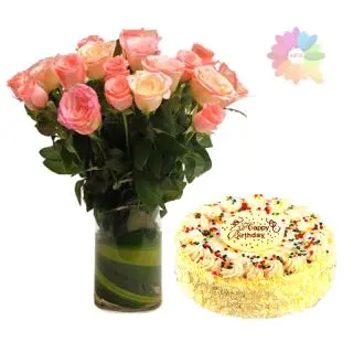 12 baby pink roses arranged in glass vase  with 1 pound caramel cake