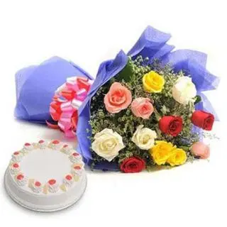 12 Mix Roses Bunch With 1 Pound Pineapple Cake