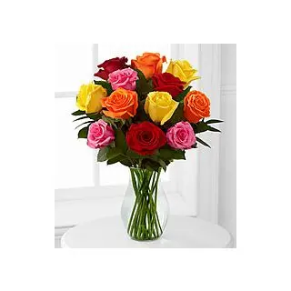 12 mix roses in glass vase 