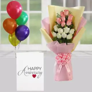 12 pink and white roses bunch, anniversary greeting card , 5 blown balloons 