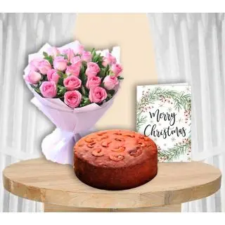 12 pink roses bouquet, chocolate plum cake, christmas greeting card 