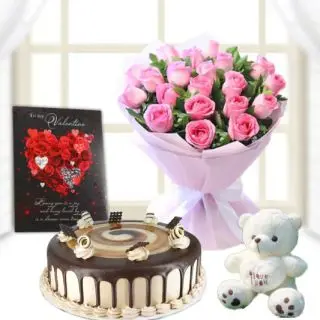 12 pink roses bunch, half kg irish coffee cake, 6 inch teddybear, valentine greeting card 