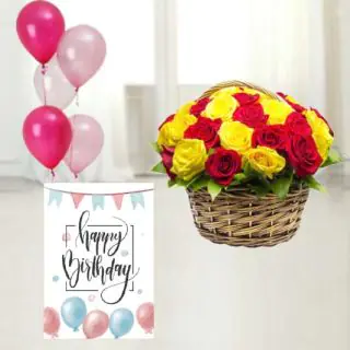 12 red and yellow roses basket arrangement 2 , 5 bunch of mix color balloons with birthday card