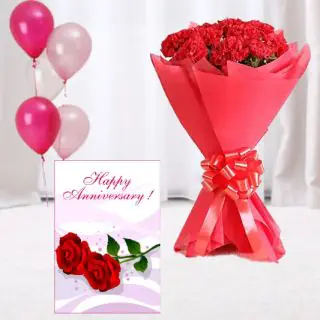 12 red carnations bunch   5 blown balloons with anniversary card 