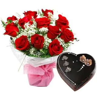 12 red rose bunch with 1 kg heart shape chocolate truffle cake