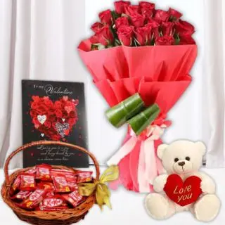 12 red roses bouquet, 6 inch teddybear, basket of kitkat chocolates, greeting card 