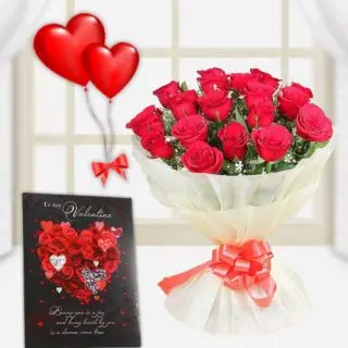12 red roses bunch with pair of heart shape balloons with valentine day greeting card 