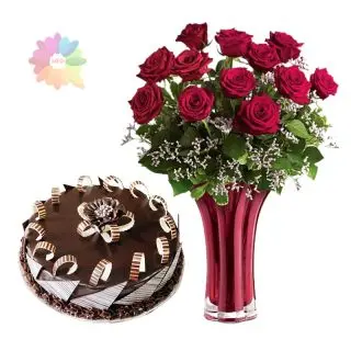 12 red roses  in glass vase with 1 pound Premium chocolate cake