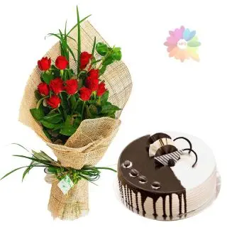 12 red roses with 1 kg choco vanilla cake