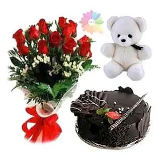 12 red roses with 6 inch teddy bear with chocolate fantasy cake