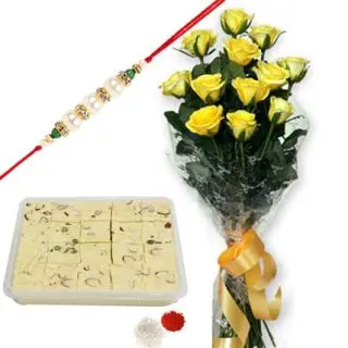 12 yellow roses bunch with 500 grams soham papdi with a rakhi and roli chawal