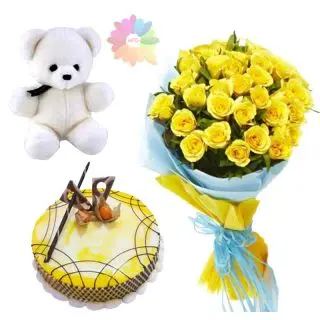 12 yellow roses with pineapple cake with 6 inch teddybear 
