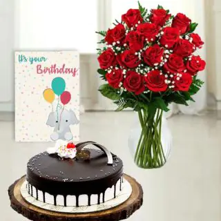 20 red roses in glass vase, chocolate vanilla cool cake, birthday greeting card 
