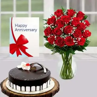 20 red roses in glass vase,  chocolate vanilla cool cake, anniversary greeting card 