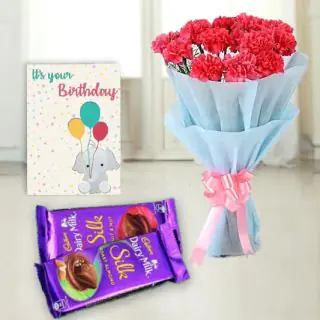 Bunch of 10 pink carnations, set of 2 dairy milk silk chocolates, birthday greeting card 