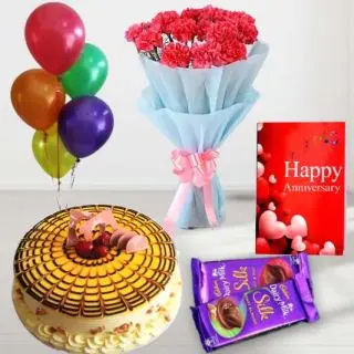 Bunch of 10 pink carnations,  premium quality butterscotch cool cake, set of 2 dairy milk silk, anniversary greeting card, with 5 blown balloons