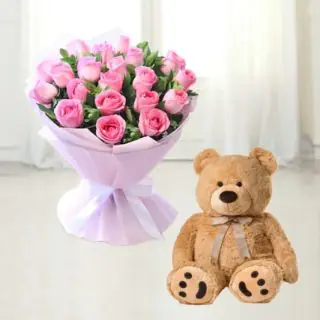 20 pink roses bouquet with 6 inch teddy bear 