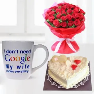 Bunch of 20 red roses , Photo mug, with half kg heart shape white forest cake 