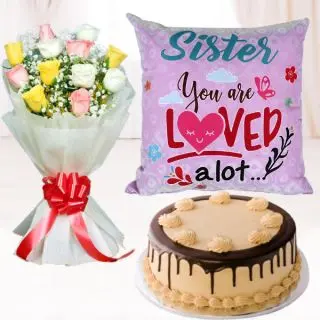 Bunch of 10 mix colour roses, half kg chocolate cake, with photo cushion 