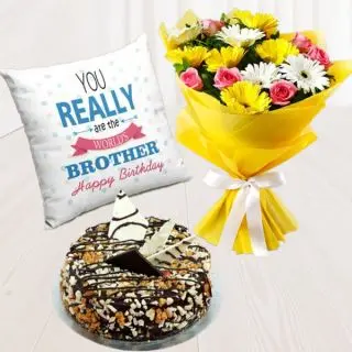Bunch of 15 mix flowers, half kg dryfruits cake, photo cushion 