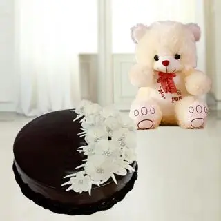 chocovanilla fresh cream cake with 6 inch height teddybear