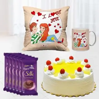 Set of photo mug with photo cushion , 1 pound  pineapple cool cake, set of 6 dairy milk silk 