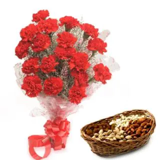 12 red carnations with 1 kg assorted dry fruits