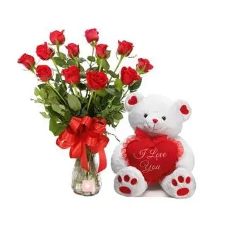 first Impression....20 Roses Beautifully Arranged in glass Vase with a cute 6 inch Teddy Bear