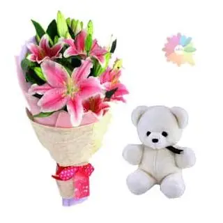 Bunch of 5 pink asiatic lilies with 6 inch white teddy  bear